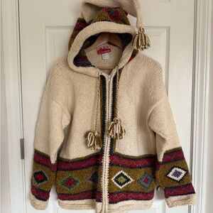 Vintage Hand Made in Ecuador Elf Hood Pom Pom Chunky Knit Cardigan Wool Blend